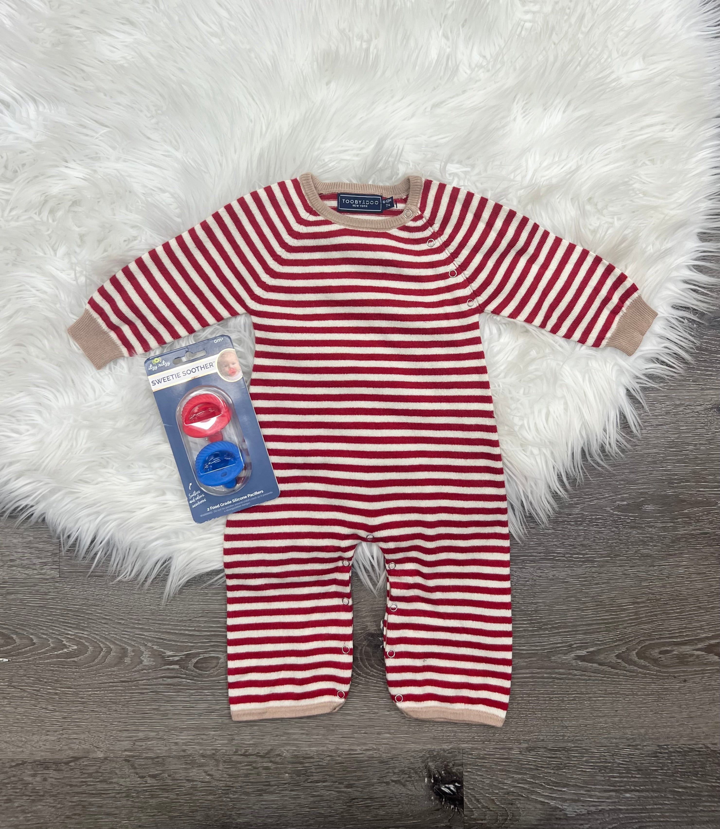 Toobydoo Red & White Striped Cotton Cashmere Sweater Jumpsuit