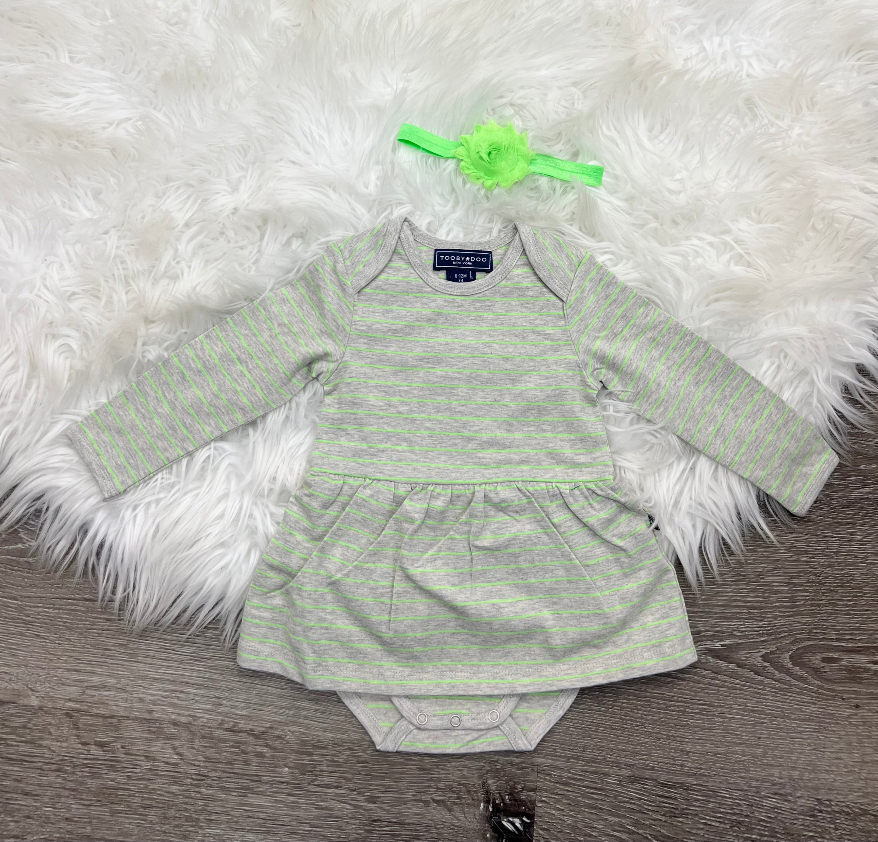 Toobydoo Grey And Green Striped Bodysuit Dress B10315