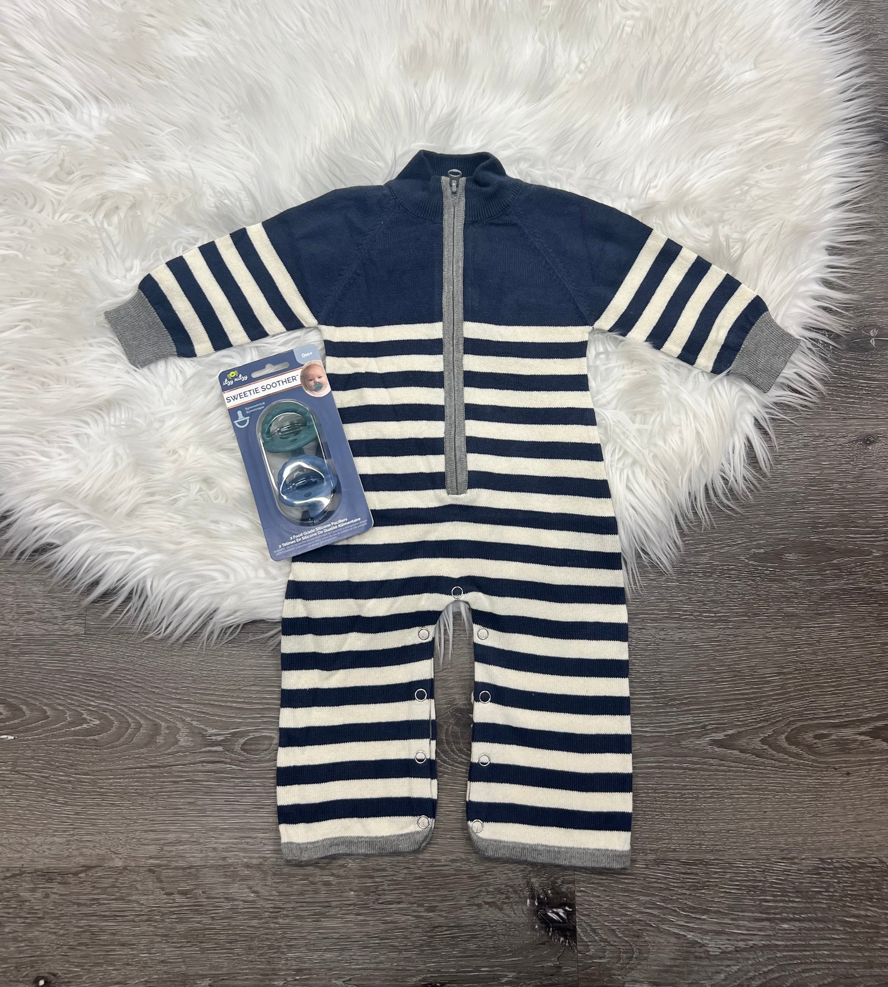 Toobydoo Navy & White Striped Cotton Cashmere Zipper Sweater Jumpsuit B10305