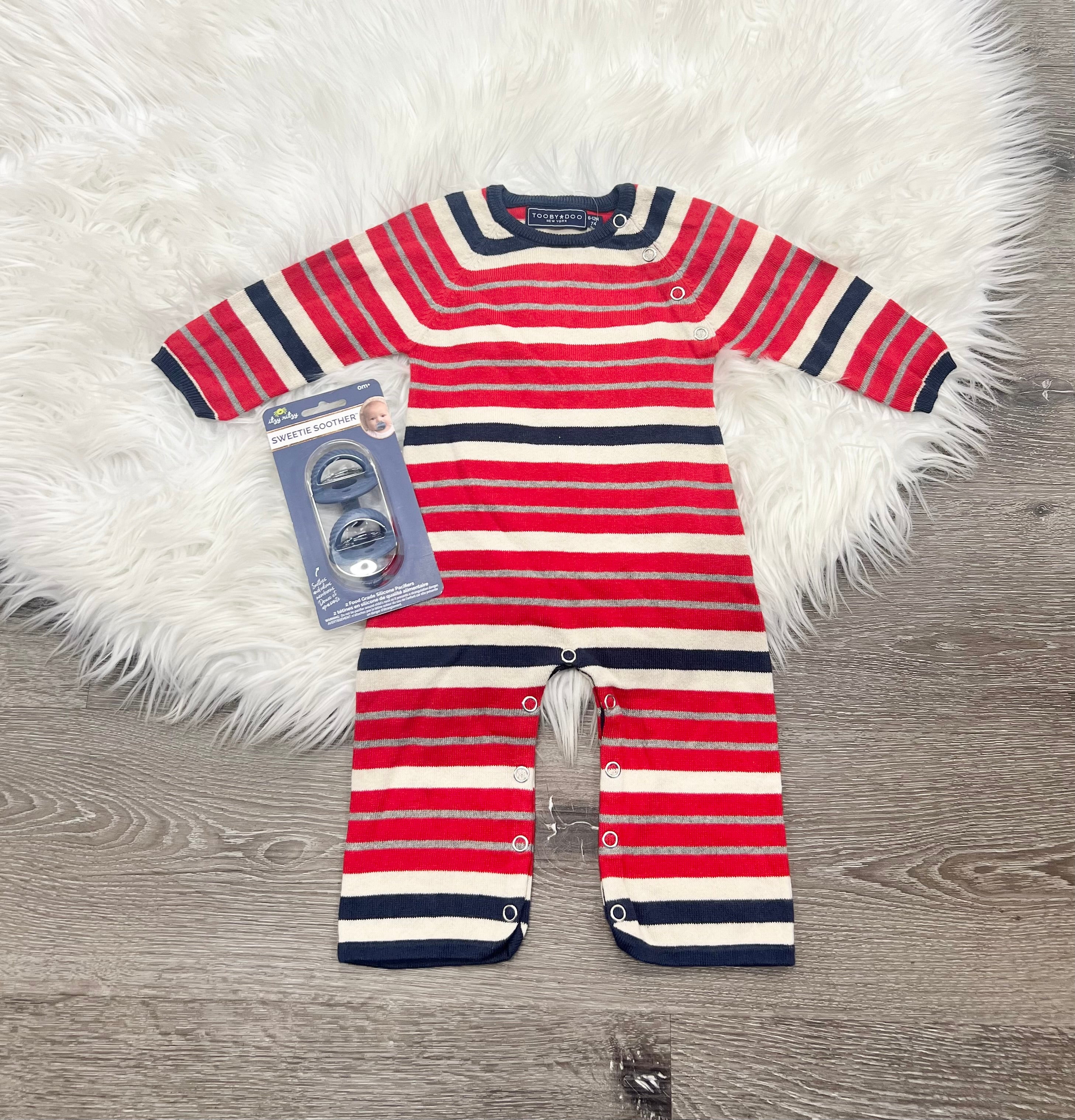 Toobydoo Red, White & Blue Striped Cotton Cashmere Sweater Jumpsuit