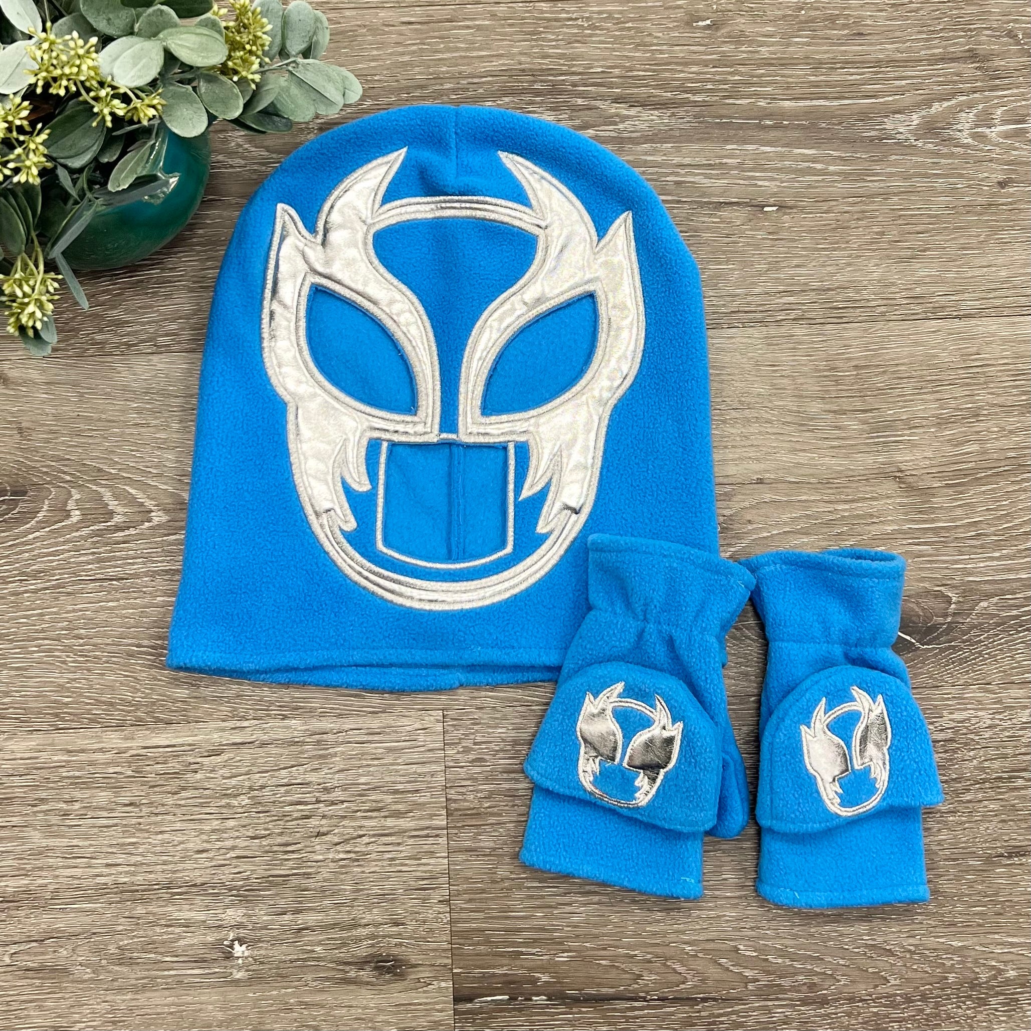 Blue Fleece Luchador Wrestling Mask & Gloves Winter Set