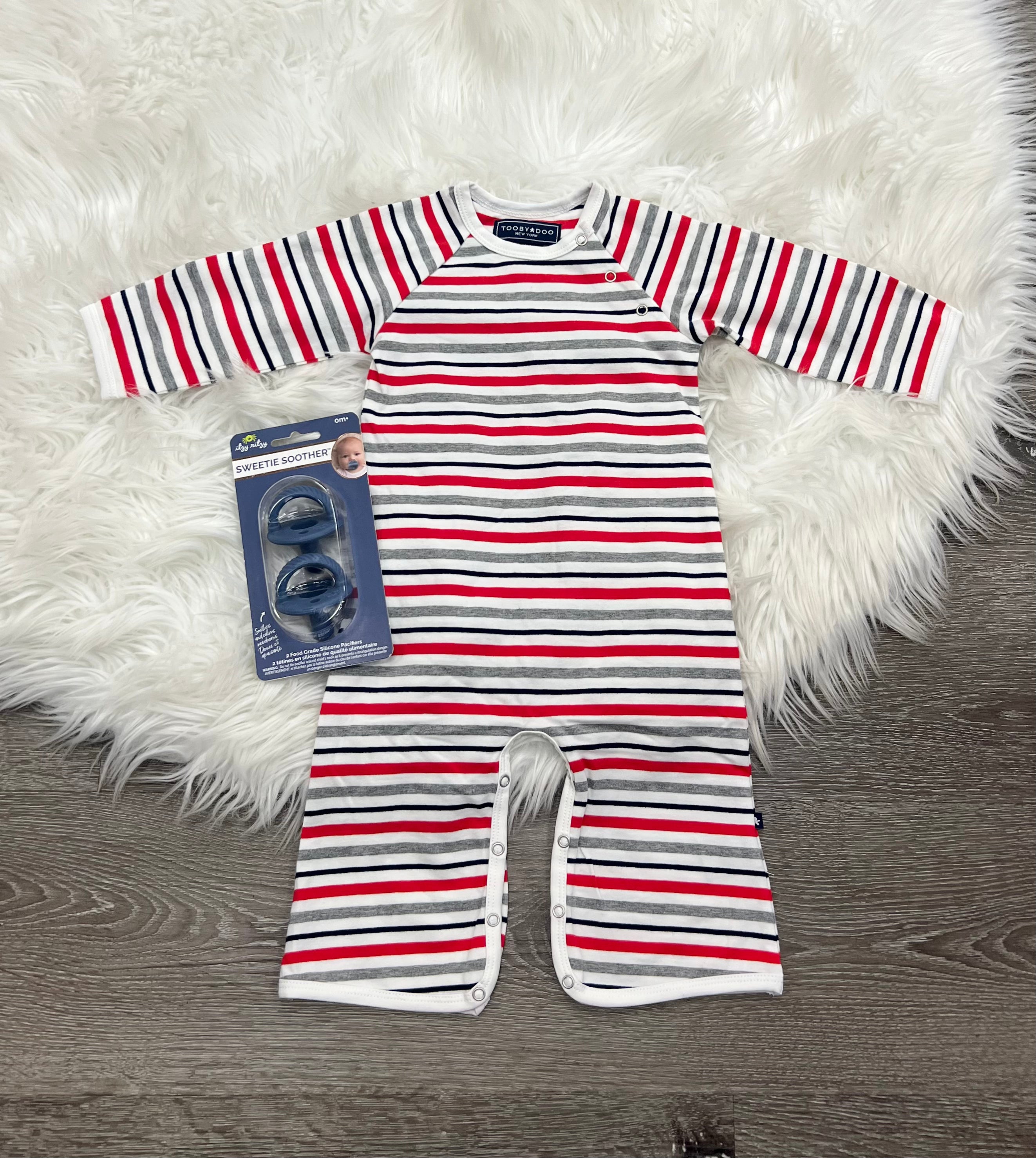 Toobydoo Red, White, Blue And Grey Striped Jumpsuit