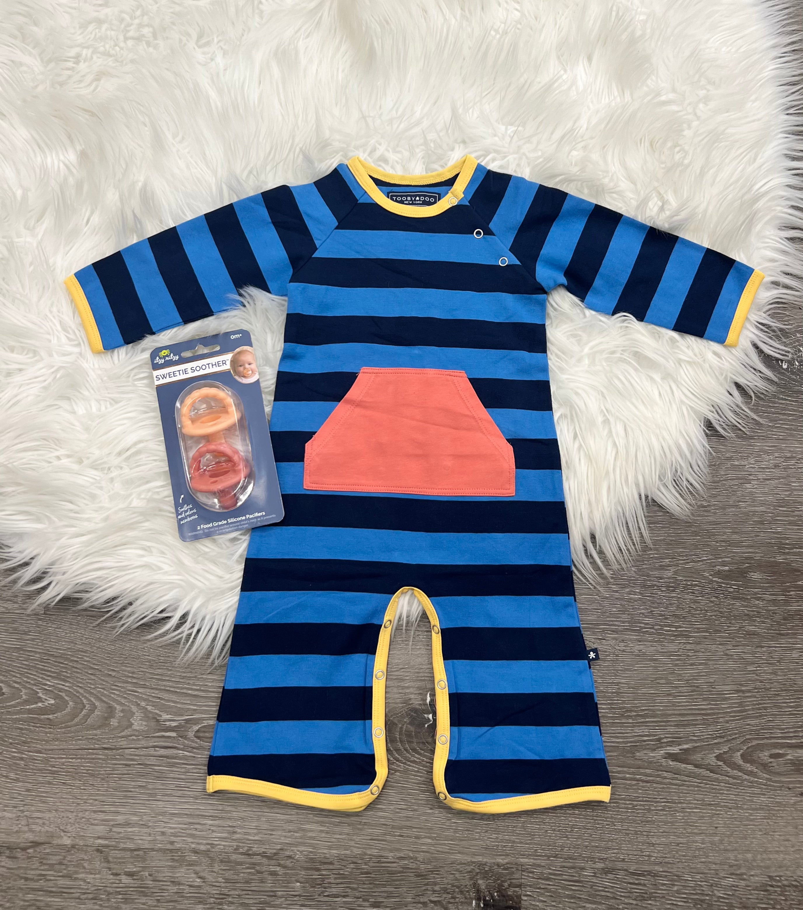 Toobydoo Blue Striped Jumpsuit With Orange Pocket Front