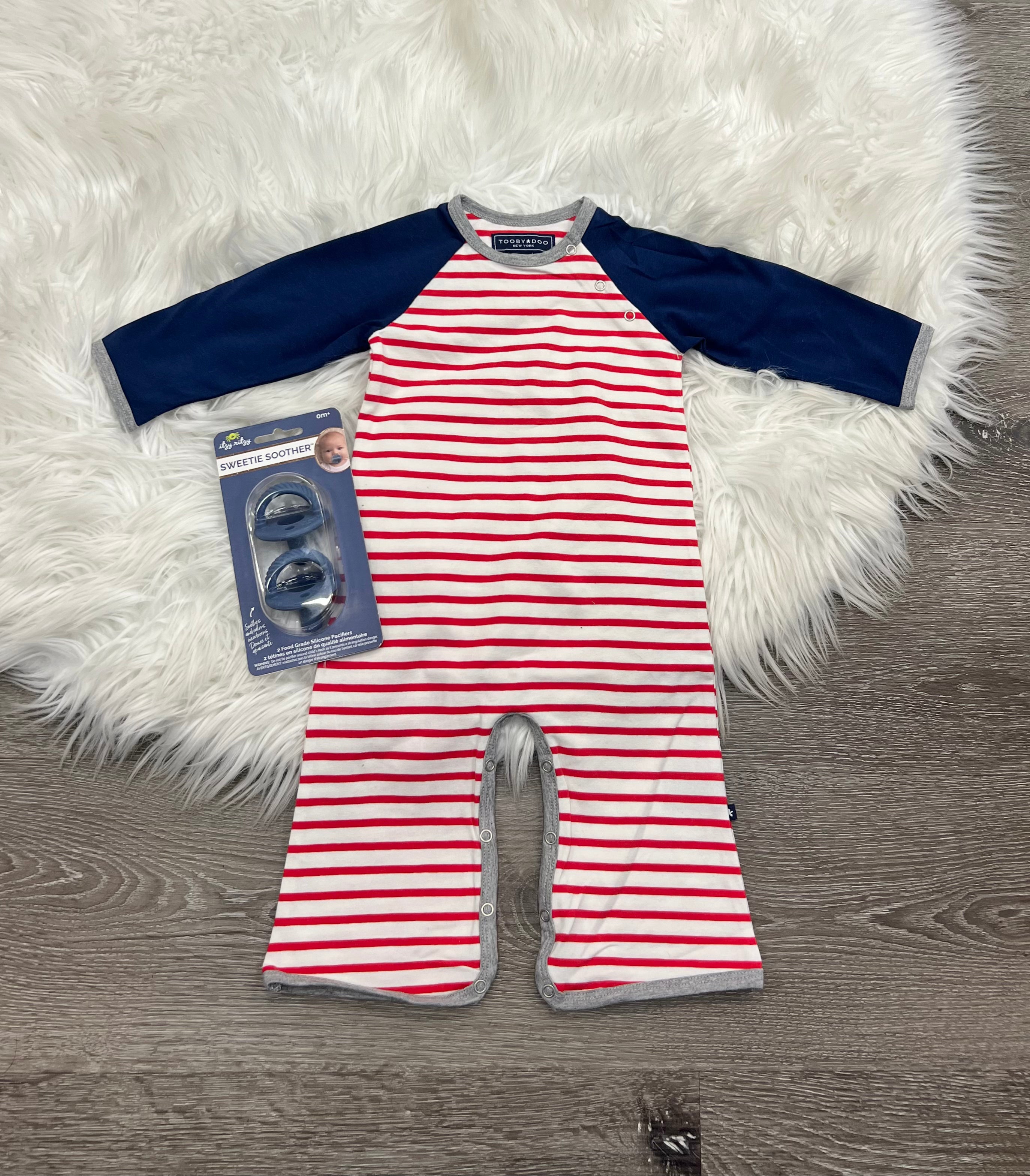 Toobydoo Red and White Jumpsuit With Blue Sleeves