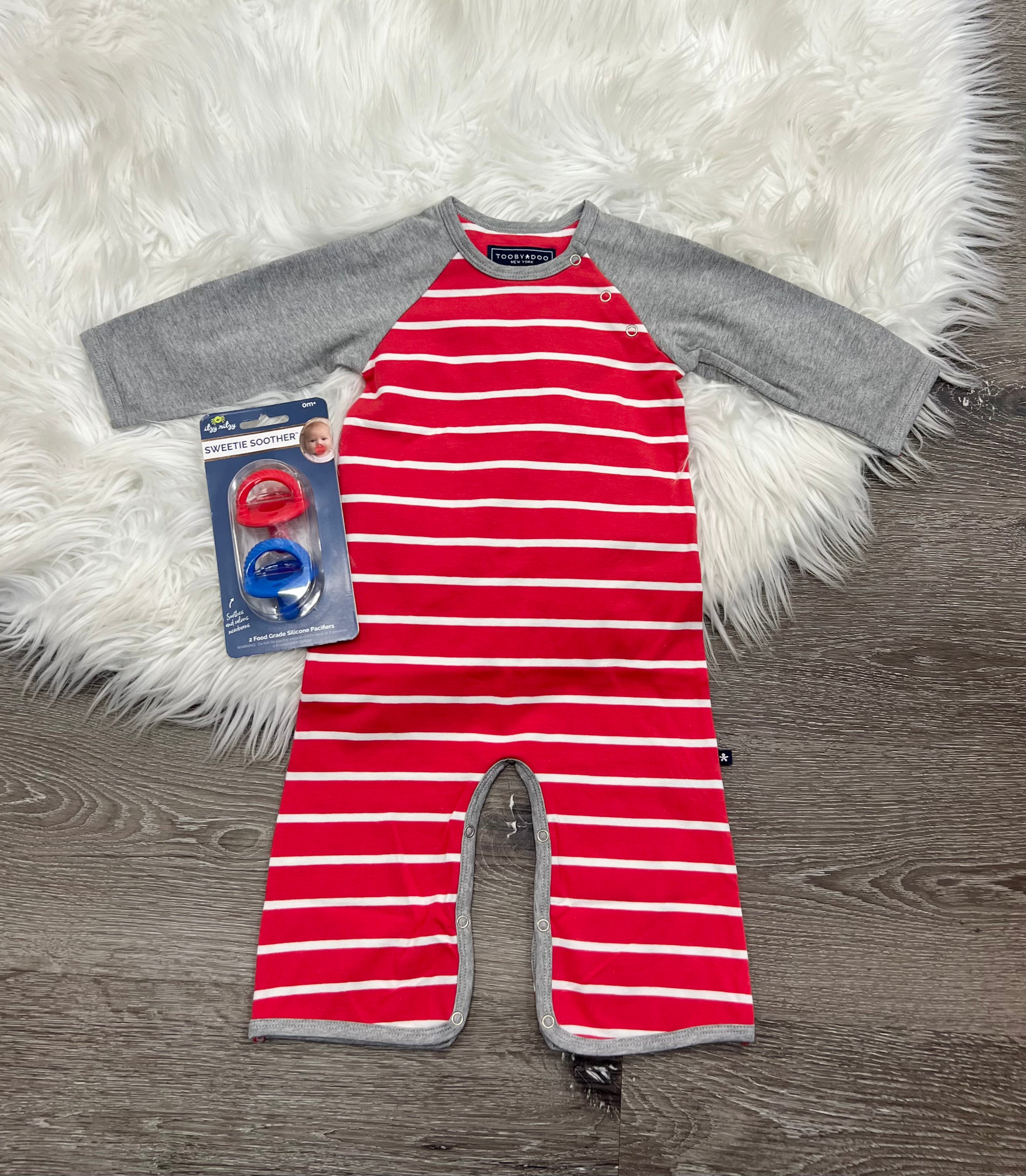 Toobydoo Red And White Jumpsuit With Grey Sleeves