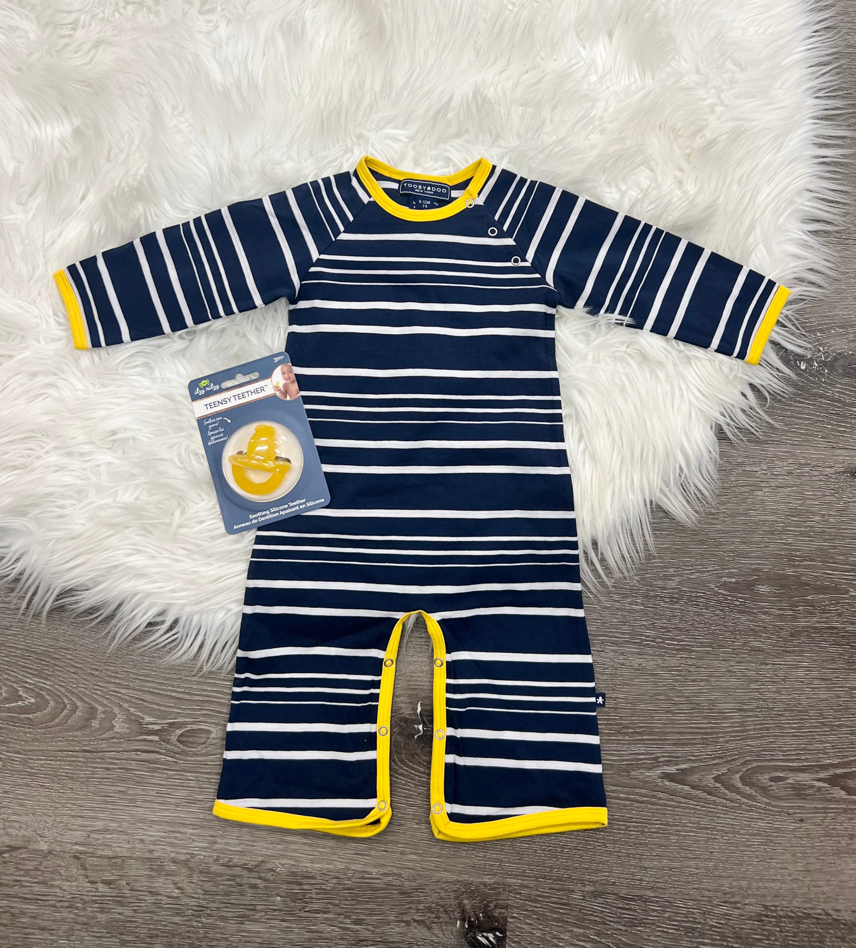 Toobydoo Blue And White Striped Jumpsuit With Yellow Trim